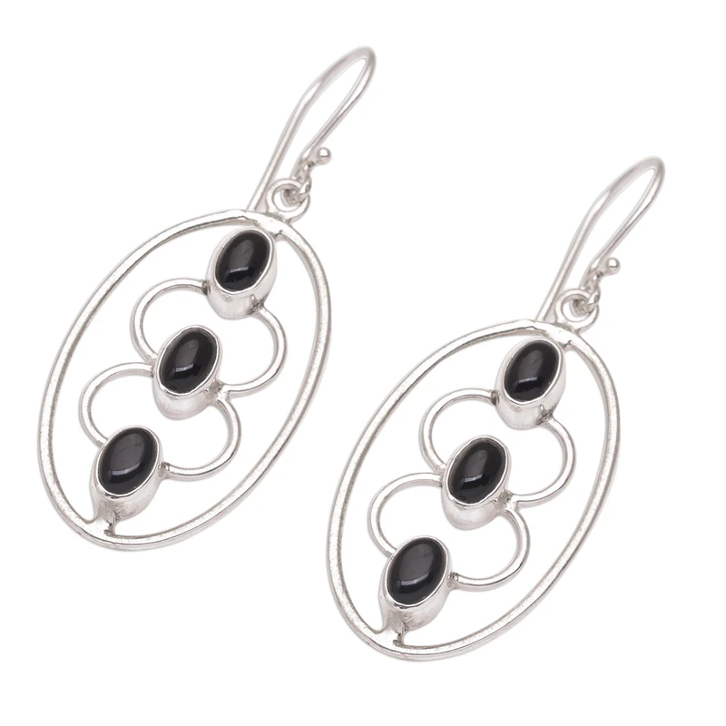 Sterling Zilveren Ovale en Zwarte Onyx Dangle Oorbellen Dames Handgemaakte Oorbellen Cadeaus Voor Mama & Haar