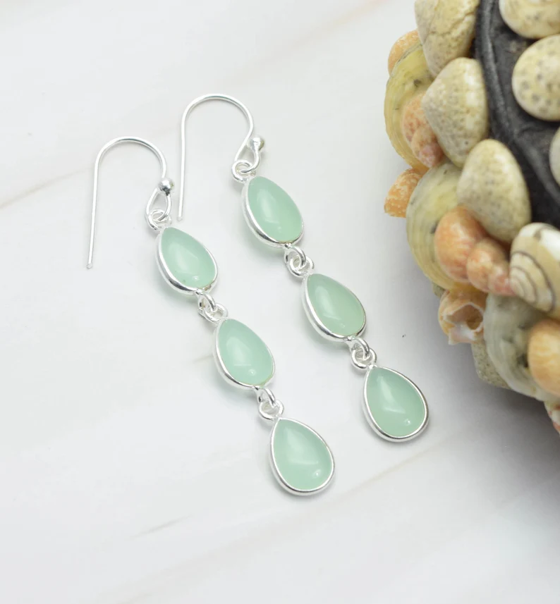Aqua Chalcedon 925 Sterling Silber Edelstein Haken Ohrringe Tropfenform Schmuck Handgemachter Schmuck Geburtstagsgeschenk Für Sie