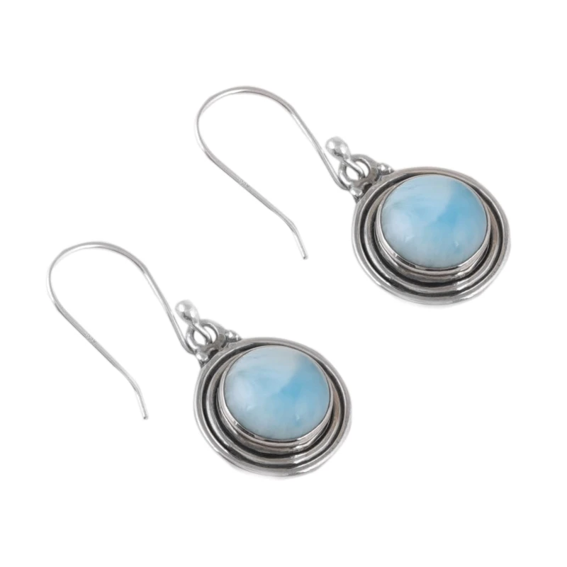 Natürliche runde Larimar-Ohrhänger aus 925er Sterlingsilber, Edelstein-Ohrringe, handgefertigte Boho-Ohrringe, Geschenk für Sie