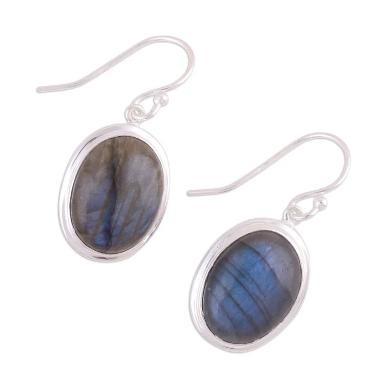 Cabochon-Labradorit-Ohrhänger aus 925er Sterlingsilber, blaue Edelstein-Ohrhänger, Labradorit-Schmuck