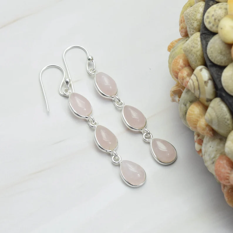 Rosa Rosenquarz 925 Sterling Silber Edelstein Haken-Ohrring Designer-Ohrring Tropfenform Schmuck Handgefertigter Schmuck Geschenk zum Jahrestag
