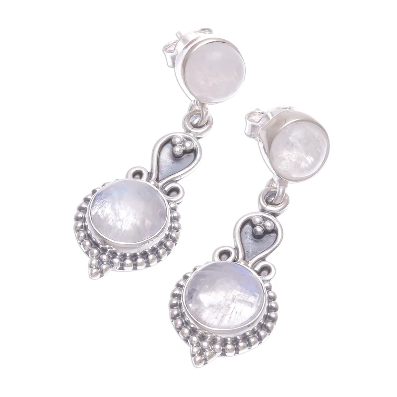 Regenbogen-Mondstein-Cabochon-Ohrringe aus Sterlingsilber, baumelnd, handgefertigt, Edelstein-Ohrringe, Geburtstagsgeschenk für sie