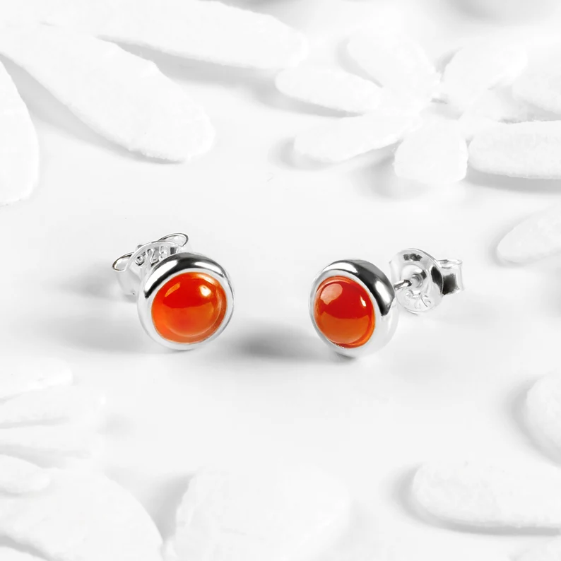 Karneol Ohrstecker 925 Sterling Silber Kleine Runde Orange Ohrstecker Minimalistischer Böhmischer Schmuck Brautjungfern Geschenk Süße Einfache Ohrringe