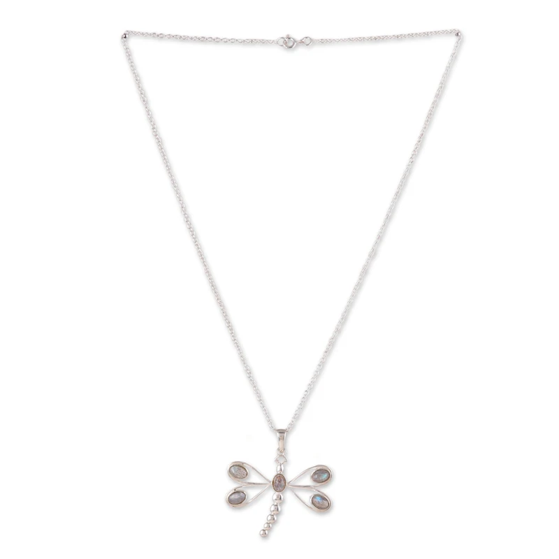 Libellen-Halskette mit Labradorit-Anhänger, 925 Sterling Silber Halskette, Labradorit-Schmuck, blaue Blitz-Labradorit-Halskette für Frauen, Brautjungfern-Halskette