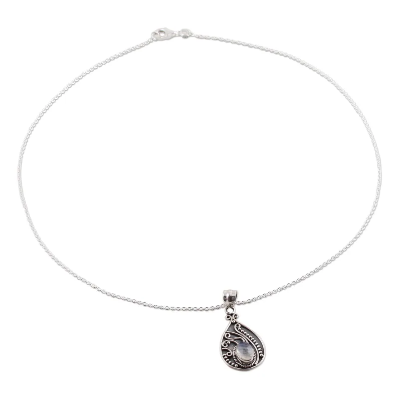 Regentropfen Glanz 925 Sterling Silber Mondstein Anhänger Halskette Blauer Feuer Regenbogen Mondstein Geschenk für Sie