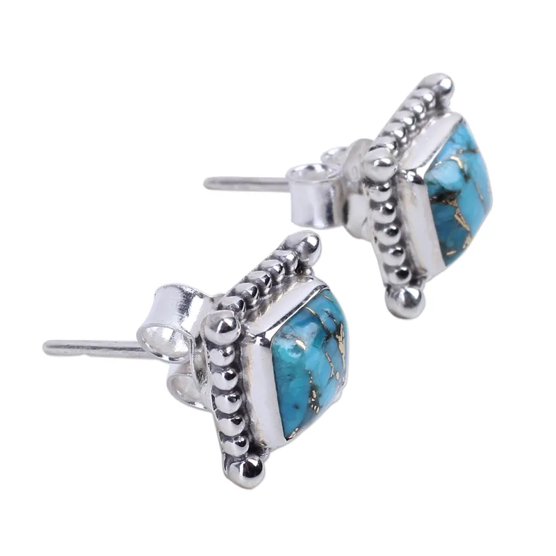 Handgemaakte Turquoise Knop Oorbellen Vierkant 925 Sterling Zilver Turquoise Sieraden Handgemaakte Boheemse Sieraden Cadeau Voor Haar