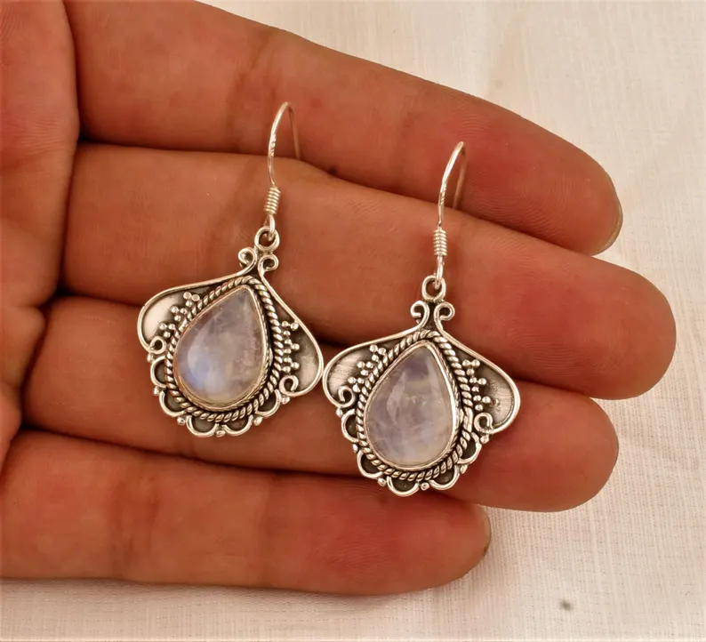 Regenbogen Mondstein Ohrringe 925 Sterling Silber Ohrringe Baumeln & Tropfen Ohrringe Handgemachte Wunderschöne Designer Silberohrringe Geschenk für Sie
