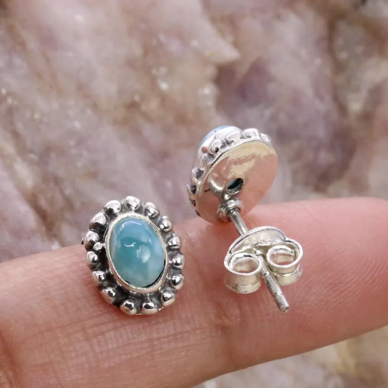 Massive 925 Sterling Silber Ohrstecker Larimar Edelstein Ohrringe Alltagsschmuck Geschenk Für Sie