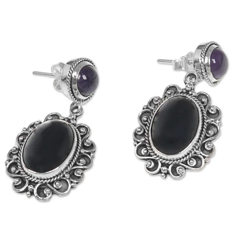 Amethist en Onyx Oorbellen 925 Sterling Zilver Handgemaakte Oorbellen Cadeau Item Verjaardagscadeau Voor Haar