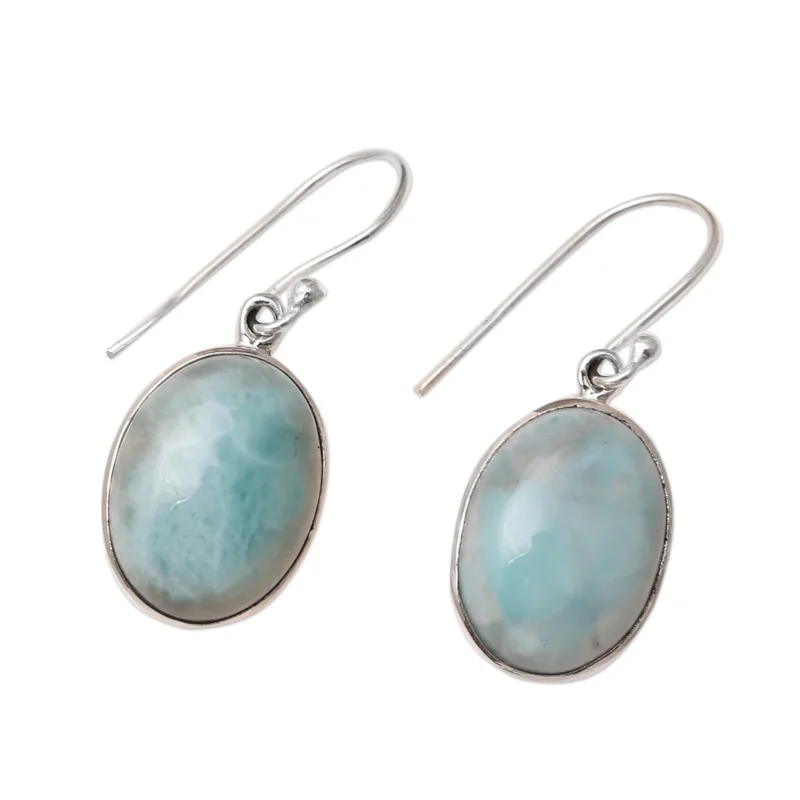 Ovale Larimar-Hängeohrringe 925 Sterling Silber Edelstein-Ohrringe Handgefertigt Damen Hochzeitsohrringe Geschenk für Sie