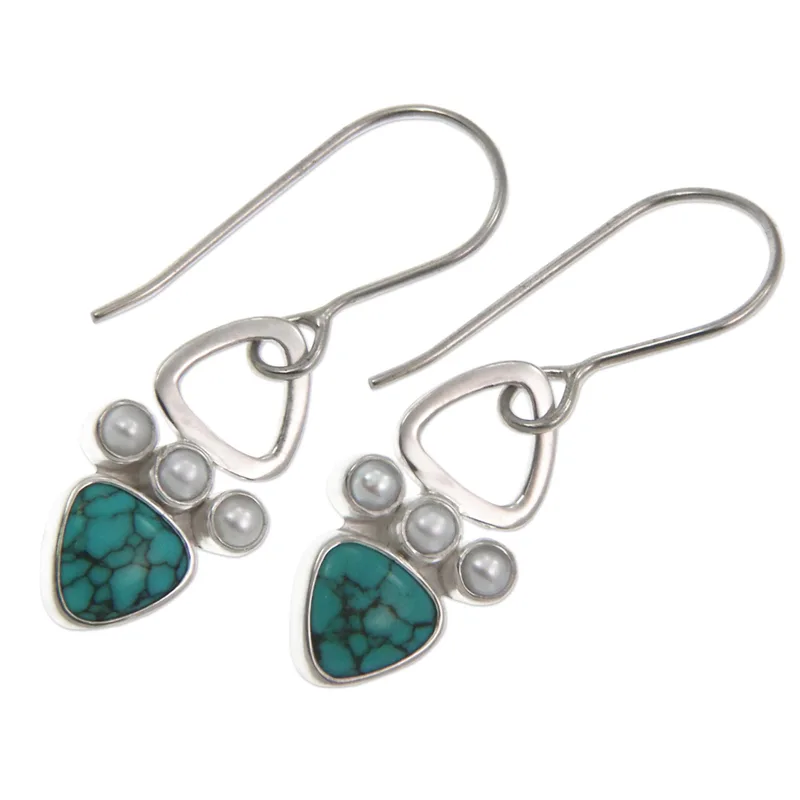 Natürliche Dreieck Türkis Hängeohrringe 925 Sterling Silber Handgemachter Böhmischer Edelsteinschmuck Geschenk für Sie & Mama