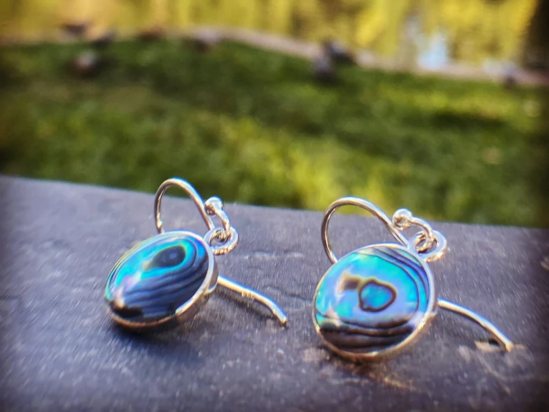 Runde Abalone-Muschel-Ohrringe, Edelstein-Ohrringe, Ohrringe aus 925er Sterlingsilber, Hängeohrringe, Statement-Ohrringe, baumelnde Ohrringe, Geschenk für Sie