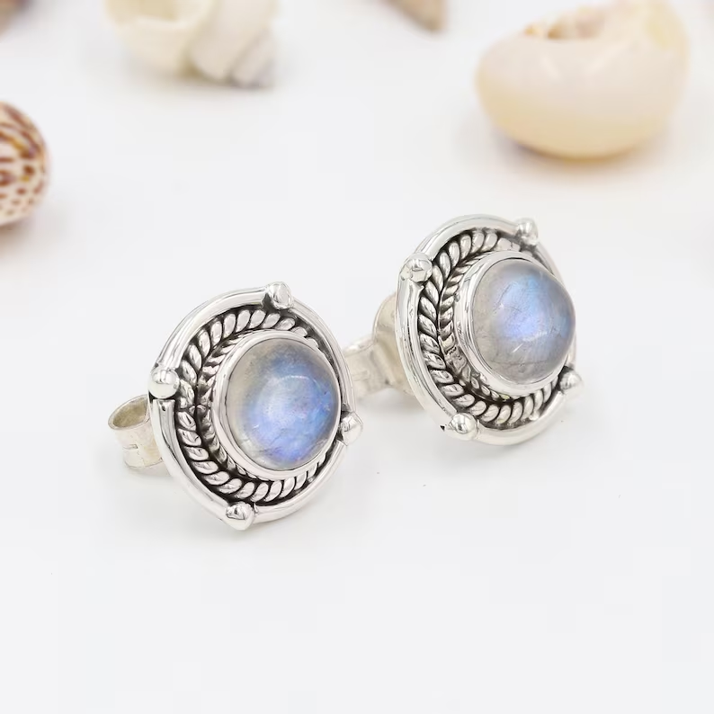 Mondstein-Ohrstecker Silber-Ohrstecker Ohrstecker für Frauen Mondsteine Runde Ohrstecker Mama Geschenk Ohrringe Damen Ohrringe