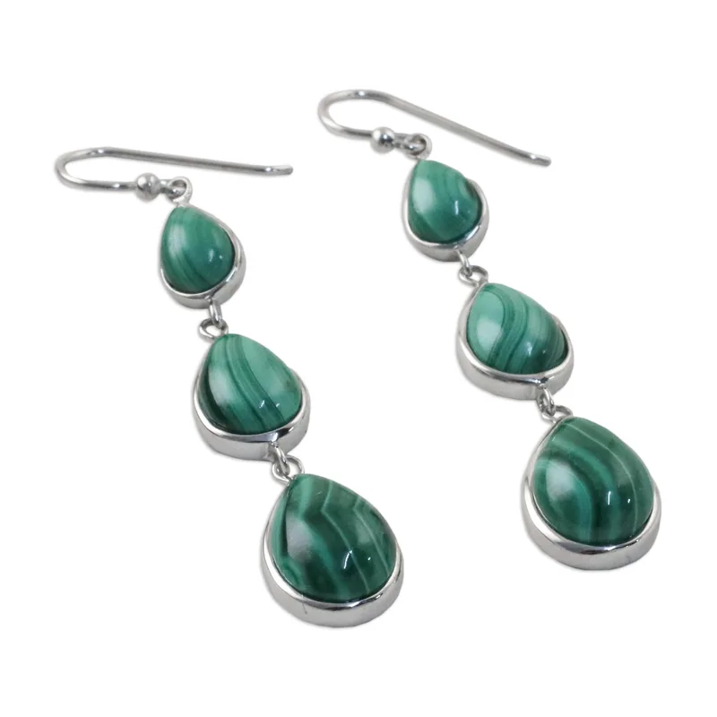 925 Sterling Silber und birnenförmiger Edelstein Malachit Ohrhänger Handgemacht Damen Minimalistische Ohrringe Geschenkidee Schmuckgeschenk für Sie