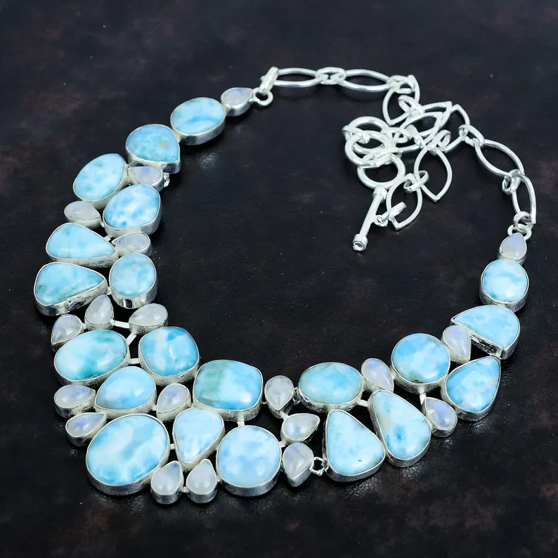 Larimar Mondstein Edelstein Handgemachte 925 Sterling Silber Halskette 925 Gestempelt Edelstein Natur Larimar Silber Halskette