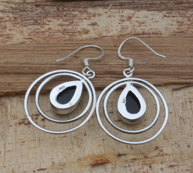 Schwarzer Onyx Kreis Edelstein Silber Ohrring 925 Sterling Silber Tropfen Ohrringe für Damen Handgemachte Stein Ohrringe Geschenke für Muttertag