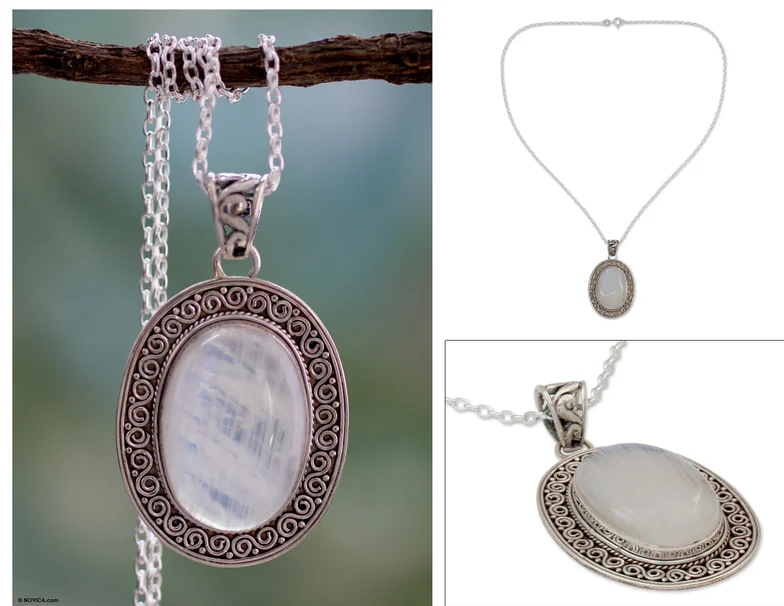 Handgefertigte Schmuck Mondstein und Sterling Silber Halskette Handgemachter böhmischer Schmuck Jahrestagsgeschenk für Sie