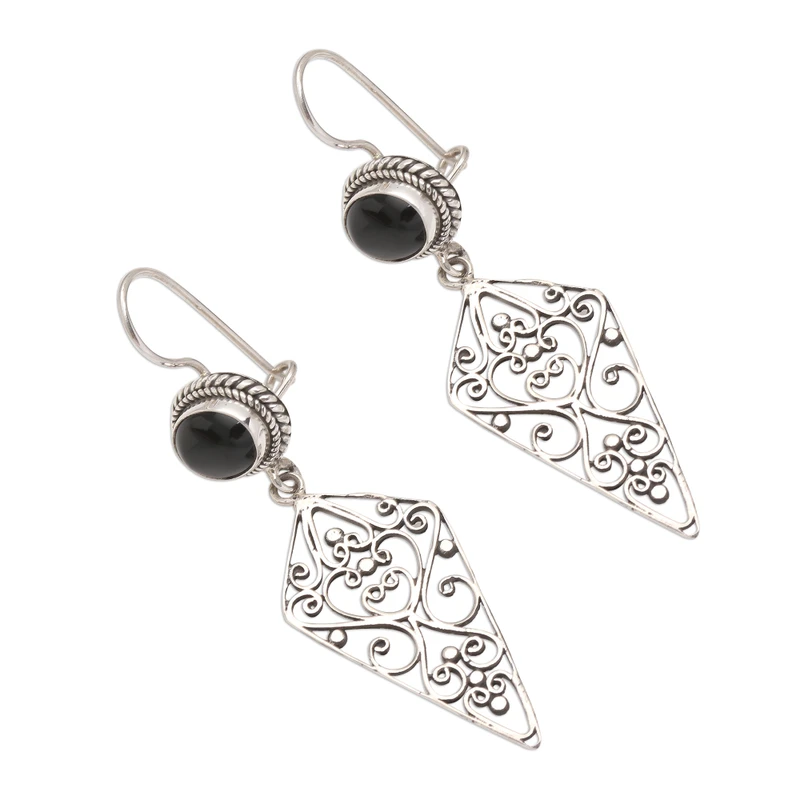 Sterling Zilveren en Zwarte Onyx Vlieger Vormige Hangende Oorbellen Vrouwen Handgemaakte Oorbellen Cadeaus Voor Mama & Haar