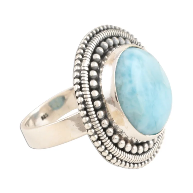 Handgefertigter Larimar Cocktailring 925 Sterling Silber Ring Zierlicher Ring Edelsteinring Damenring Geschenk für Sie