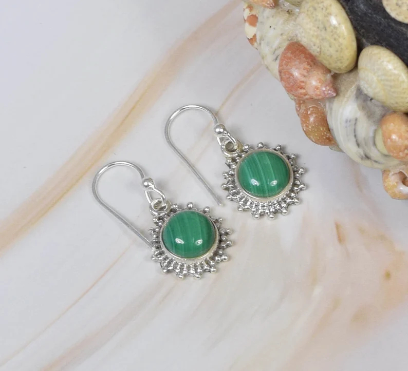 Grüner Malachit 925er Sterlingsilber Edelstein Ohrringe Eleganter Ohrring Runde Form Ohrring Handgemachter Schmuck Geschenk für Sie