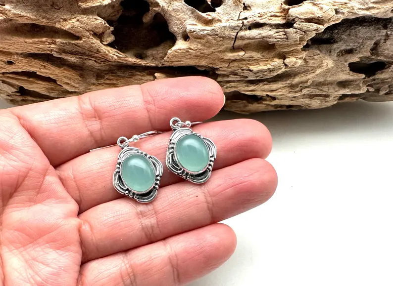 Aquamarin-Chalcedon-Ohrringe, Silber, tropfenförmig, blau, glatt, Schutzstein, 925er Sterlingsilber-Ohrringe, Geschenk für Sie