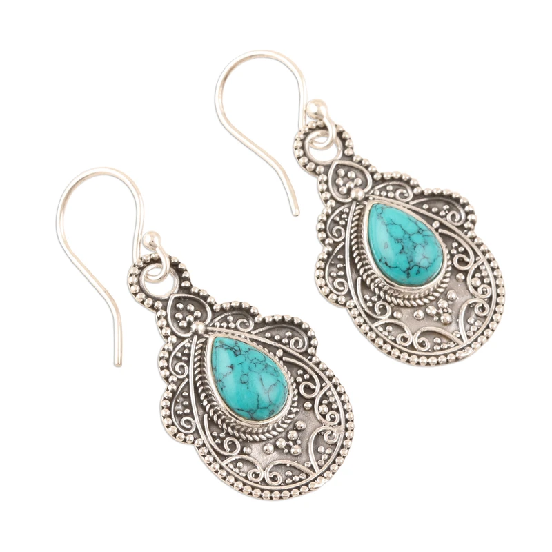 Oxidierte Silber 925 Sterling Silber Birne Türkis Ohrhänger Boho Zierliche Edelstein Ohrringe Handgemachter Schmuck 925 Silber Geschenk für Sie