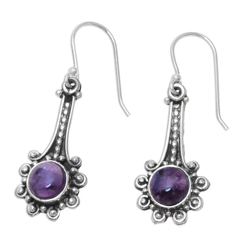 Amethyst- und Sterlingsilber-Ohrhänger aus Indien, handgefertigte Ohrringe, Geschenkidee, Geburtstagsgeschenk, böhmischer Schmuck, Geschenk für sie