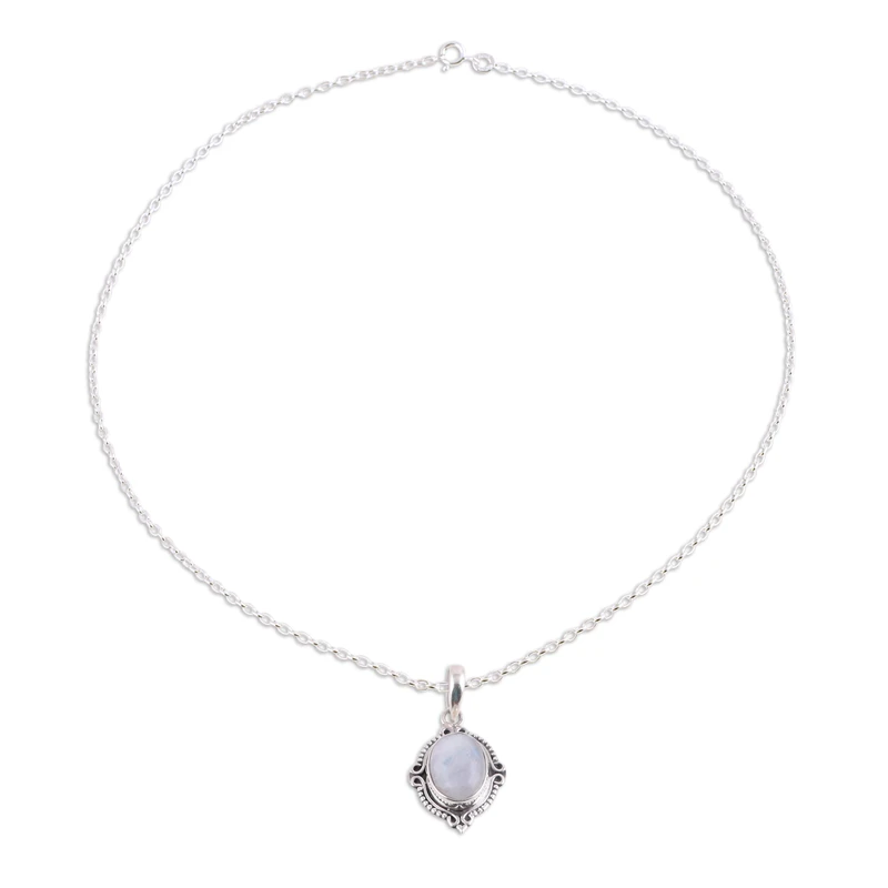 Ovale Mondstein- und 925er Sterlingsilber-Halskette, blauer Feuer-Regenbogen-Mondstein, Geschenk für sie, Geburtstagsgeschenk