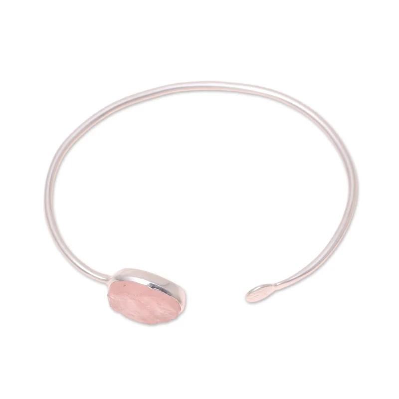Rosenquarz-Oval-Manschettenarmband aus Sterlingsilber, böhmischer Schmuck, bezaubernder Schmuck, Valentinstagsgeschenk für sie