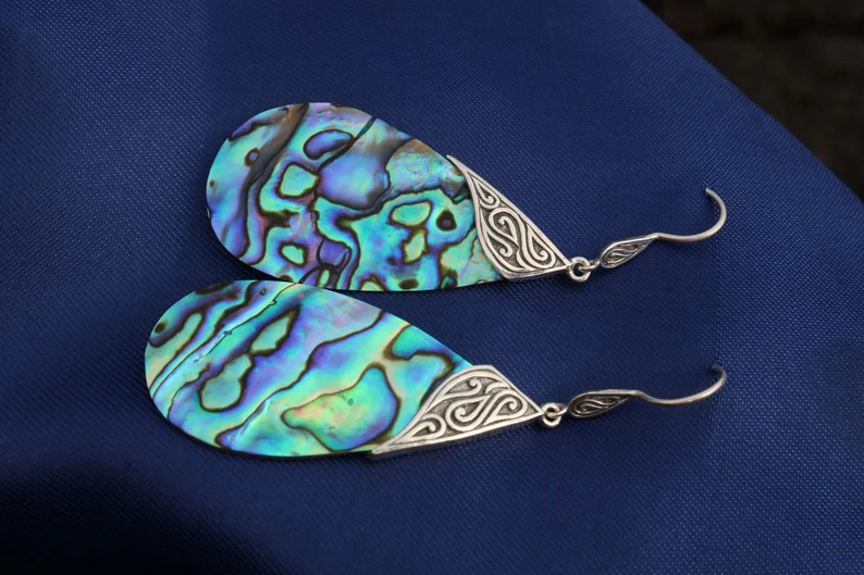 Abalone Muschel Ohrringe Tropfen Tribal Design Sterling Silber Edelstein Ohrring Tropfenförmiger Edelstein Ohrring 925 Sterling Silber Ohrring Weihnachten