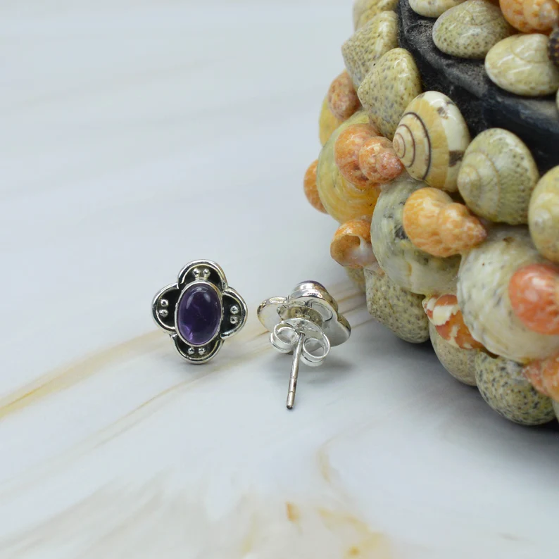 Paarse Amethist 925 Sterling Zilveren Oorknopjes Edelsteen Designer Oorbellen Cadeau Voor Jubileum
