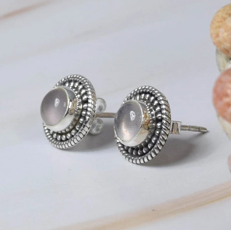 Rosa Rosenquarz 925 Sterling Silber Edelstein Elegante Ohrstecker Januar Geburtsstein Naturstein Geschenk zum Geburtstag