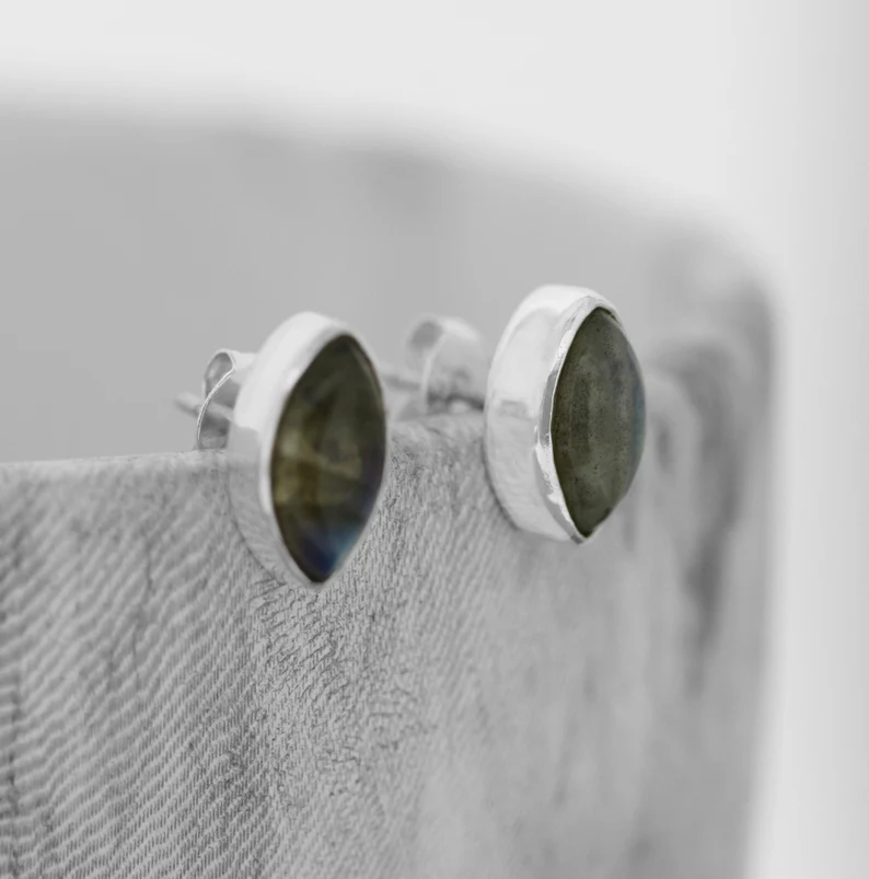 Marquise Labradorit Ohrstecker 925 Sterling Silber Grauer Stein Ohrstecker Handgemachter Böhmischer Schmuck Geschenk für sie