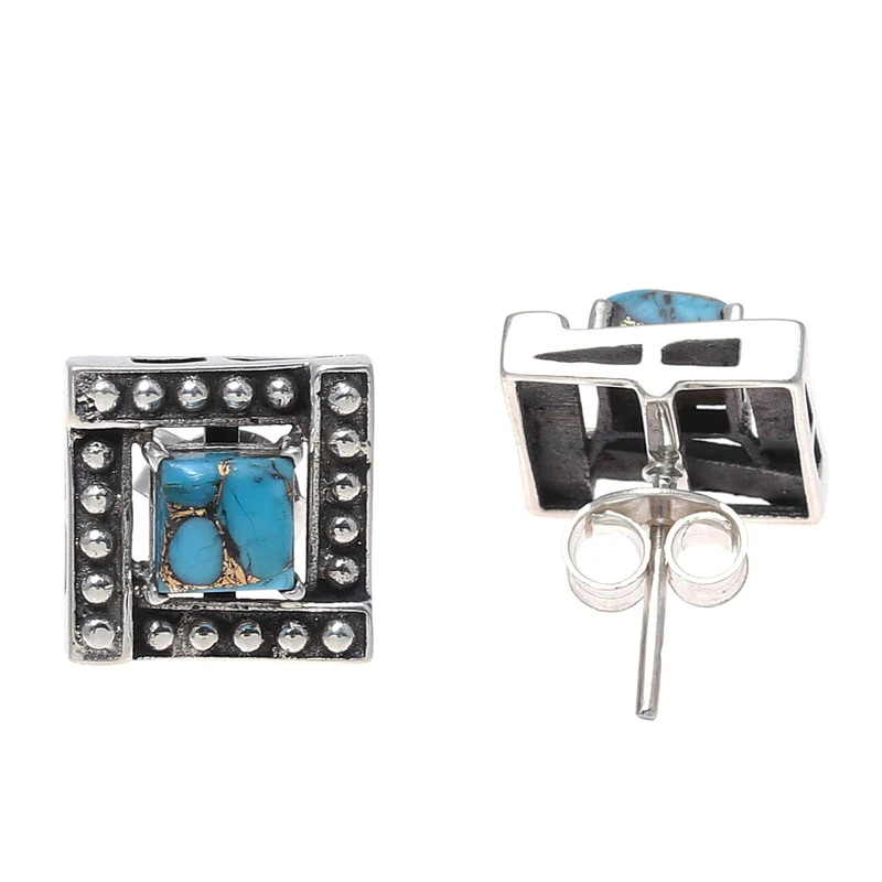 Handgemaakte Vierkante Turkoois Oorknoppen Vierkant 925 Sterling Zilver Turkoois Sieraden Handgemaakte Boheemse Sieraden Cadeau Voor Haar