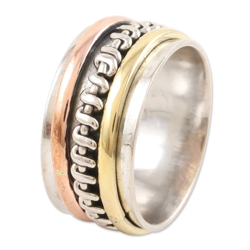 Verknoteter Sterlingsilber-Messing- und Kupfer-Meditations-Spinnerring Handgemachter Ring Silberschmuck Böhmischer zierlicher Ring Geschenk für sie Geschenkartikel