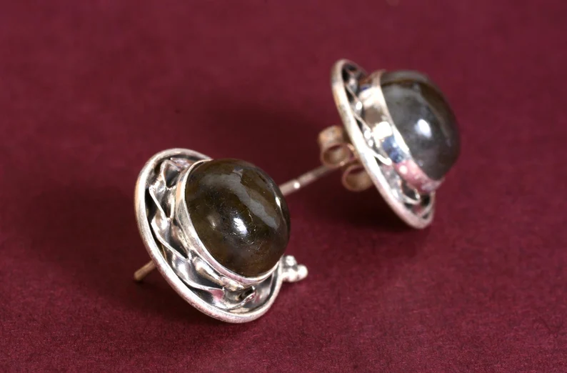 Labradorit Ohrstecker Ohrringe 925 Sterling Silber Ohrringe Runde Edelstein Ohrstecker Blauer Feuer Edelstein Ohrstecker Geschenk für Sie Geschenkideen