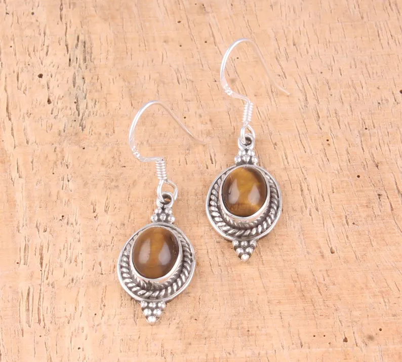 Tigerauge Edelstein Ohrringe 925 Sterlingsilber Handgemachte Ohrringe Alltagstaugliche Ohrringe in Ovaler Form Boho Ohrringe Geschenk für Sie