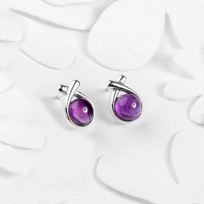 Natuurlijke Amethist en Sterling Zilveren Oorknoppen Amethist Sieraden Februari Geboortesteen Klassieke Oorbellen