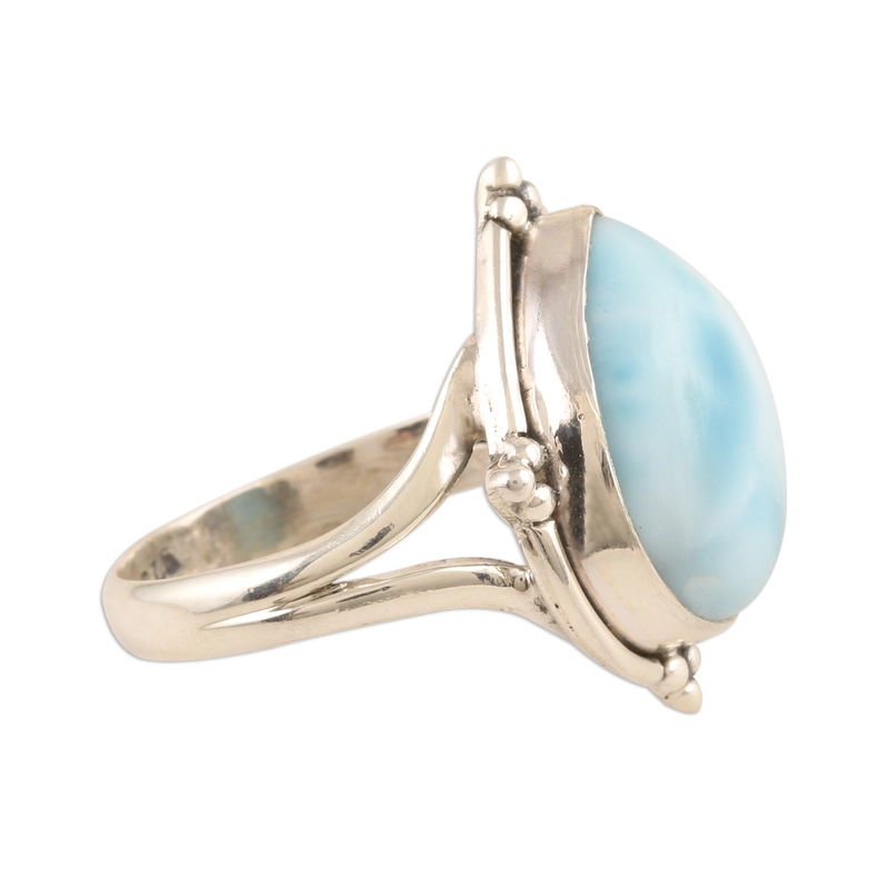 Birnenförmiger Larimar und Cocktailring aus Sterlingsilber, handgefertigtes Design, 925er Sterlingsilber, Geschenk für sie und Mama