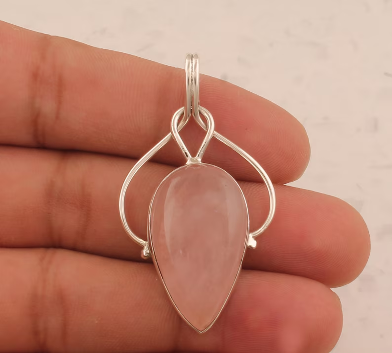 Massief 925 Sterling Zilveren Rozenkwarts Ketting Hanger Voor Vrouwen Handgemaakte Zilveren Boho Ovale Edelsteen Hanger Cadeau Idee Voor Moeder Sieraden