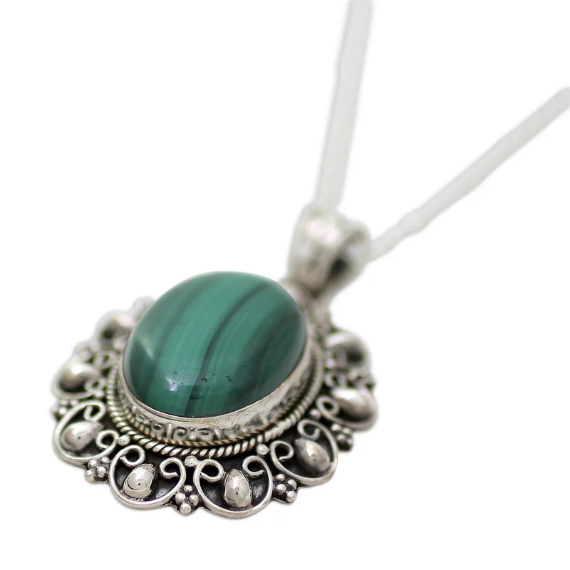 Malachiet en 925 Sterling Zilveren Hanger Ketting Handgemaakte Boheemse Sieraden Cadeau Voor Moeder & Haar