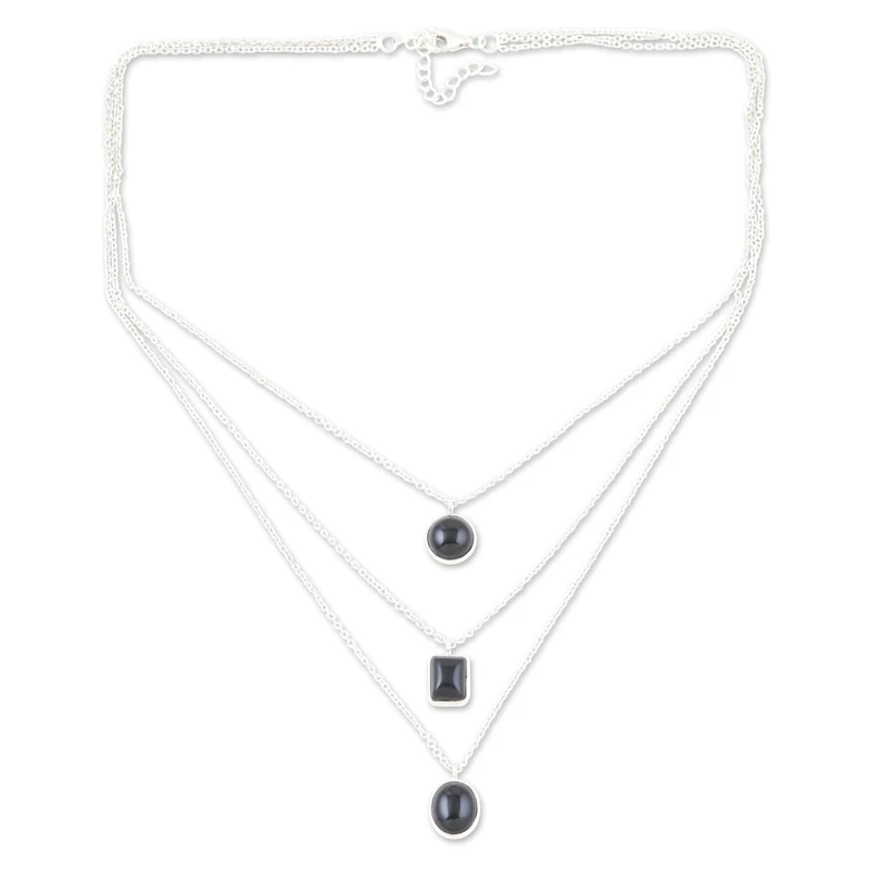 Sterling Zilveren 3-strengs Zwarte Onyx Hanger Ketting Hanger Ketting Delicate Ketting Boheemse Sieraden Perfect Cadeau Voor Haar