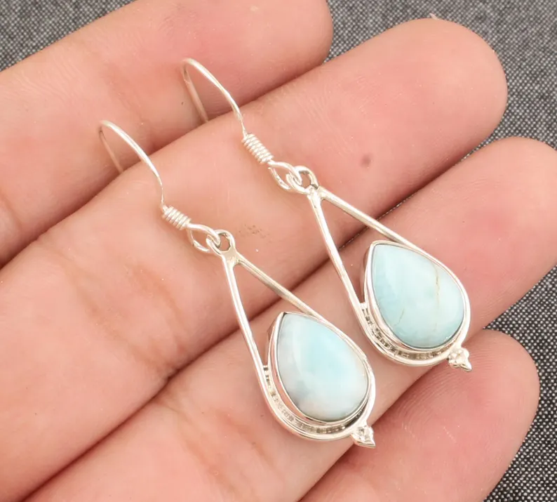 Larimar Edelstein Ohrring Massiver 925 Sterling Silber Tropfenohrringe Handgemachte Birnenstein Ohrringe Geschenke zum Muttertag