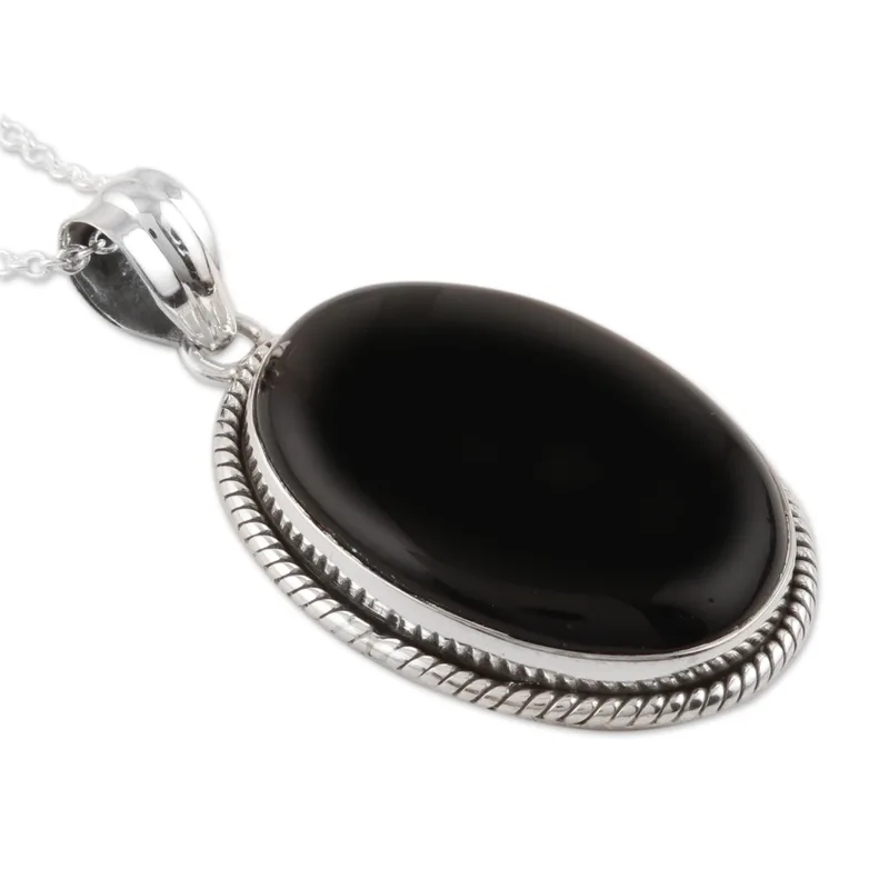 Zwarte Onyx Cabochon Hanger Ketting 925 Sterling Zilver Delicate Ketting Boheemse Sieraden Cadeau Voor Moeder & Haar