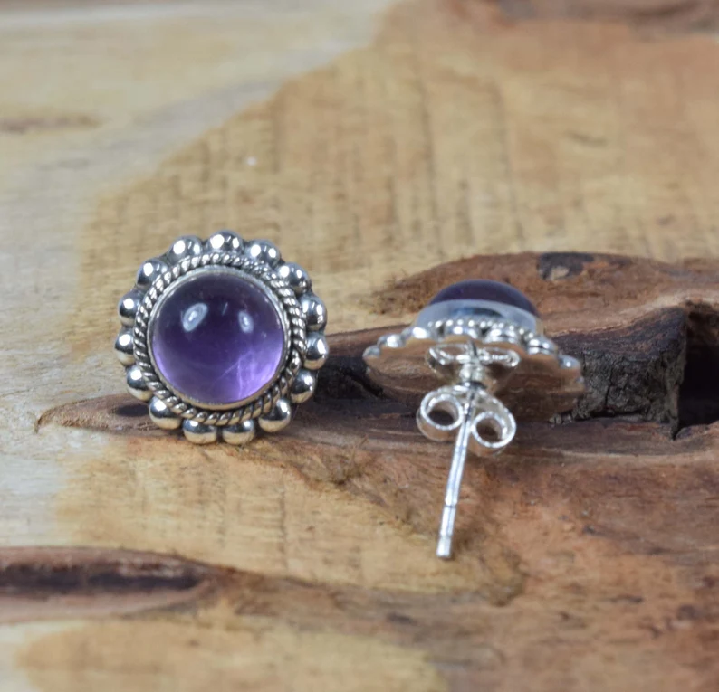Paarse Amethist 925 Sterling Zilver Ronde Edelsteen Oorknopjes Designer Oorknopjes Februari Geboortesteen Cadeau Voor Jubileum