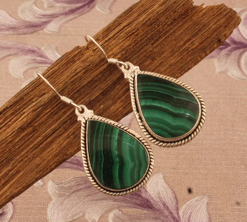 Groene Malachiet Oorbellen 925 Sterling Zilveren Oorbellen Dames Oorbellen Cadeau Voor Haar Lange Oorbellen Handgemaakte Oorbellen Verjaardagscadeau