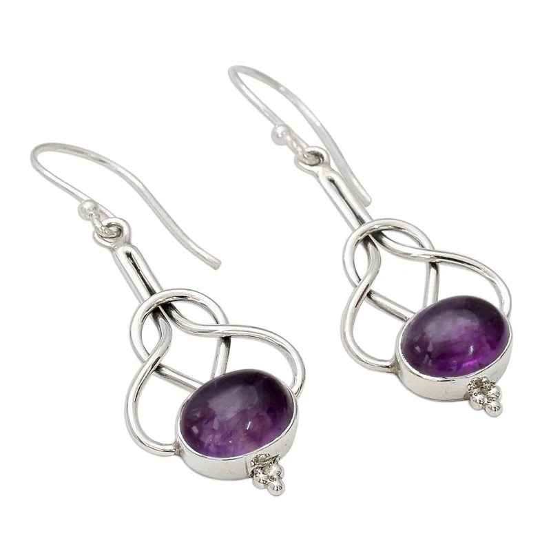 Ohrhänger mit Amethyst-Cabochons aus Sterlingsilber, handgefertigte Ohrringe, Geschenkidee, Geburtstagsgeschenk, böhmischer Schmuck, Geschenk für Ehefrau und Mutter