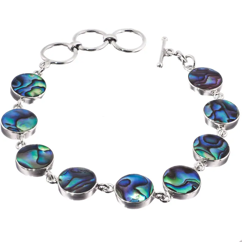 Armband mit mehreren Steinen und Abalone-Muschel, runde Form, 925er Sterlingsilber, Boho, zierlicher Schmuck, Geschenk für sie