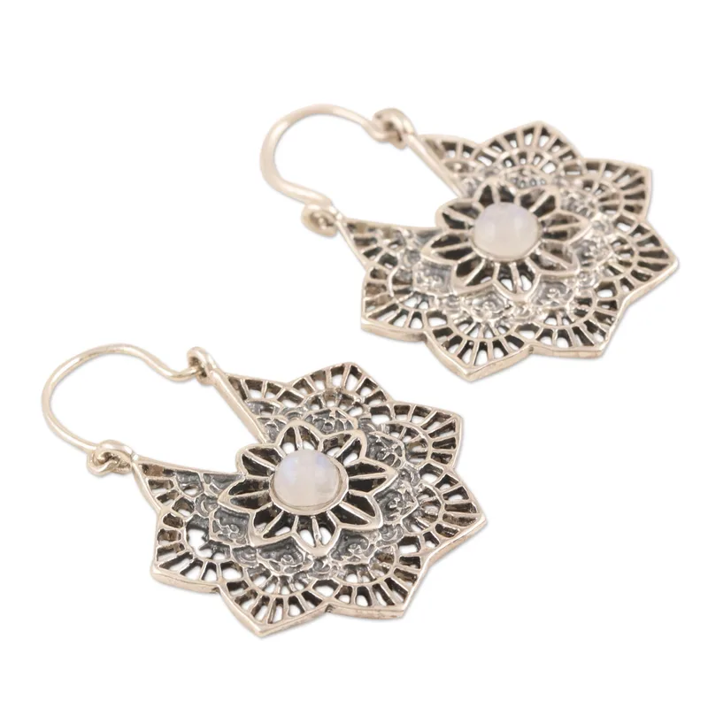 Floraler Nebel Natürlicher Regenbogen-Mondstein-Ohrringe 925 Sterling Silber Tropfen-Ohrhänger Handgemachte Edelstein-Ohrringe Geburtstagsgeschenk für Sie