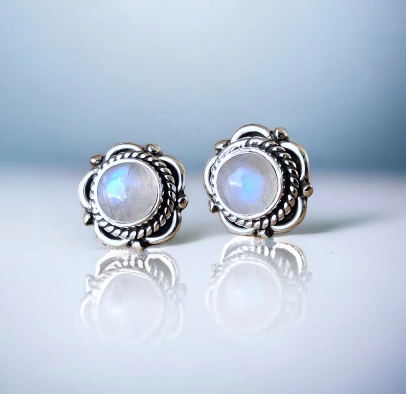 Runde florale Ohrstecker Regenbogen Mondstein Ohrstecker 925 Sterling Silber handgemachte Mondstein Ohrringe Mondstein Ohrstecker Geschenkidee